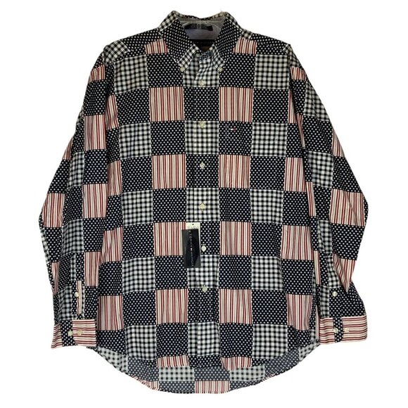 Tommy Hilfiger Mens Medium Button Down Shirt Mock Patchwork Patriotic 2001 - Picture 2 of 8